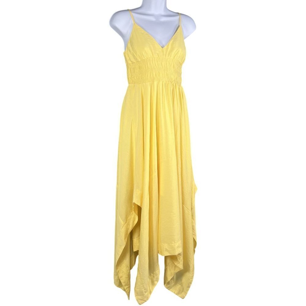 By The River NWT S Yellow Sleeveless Shirred Bodice Handkerchief Hem Maxi Dress